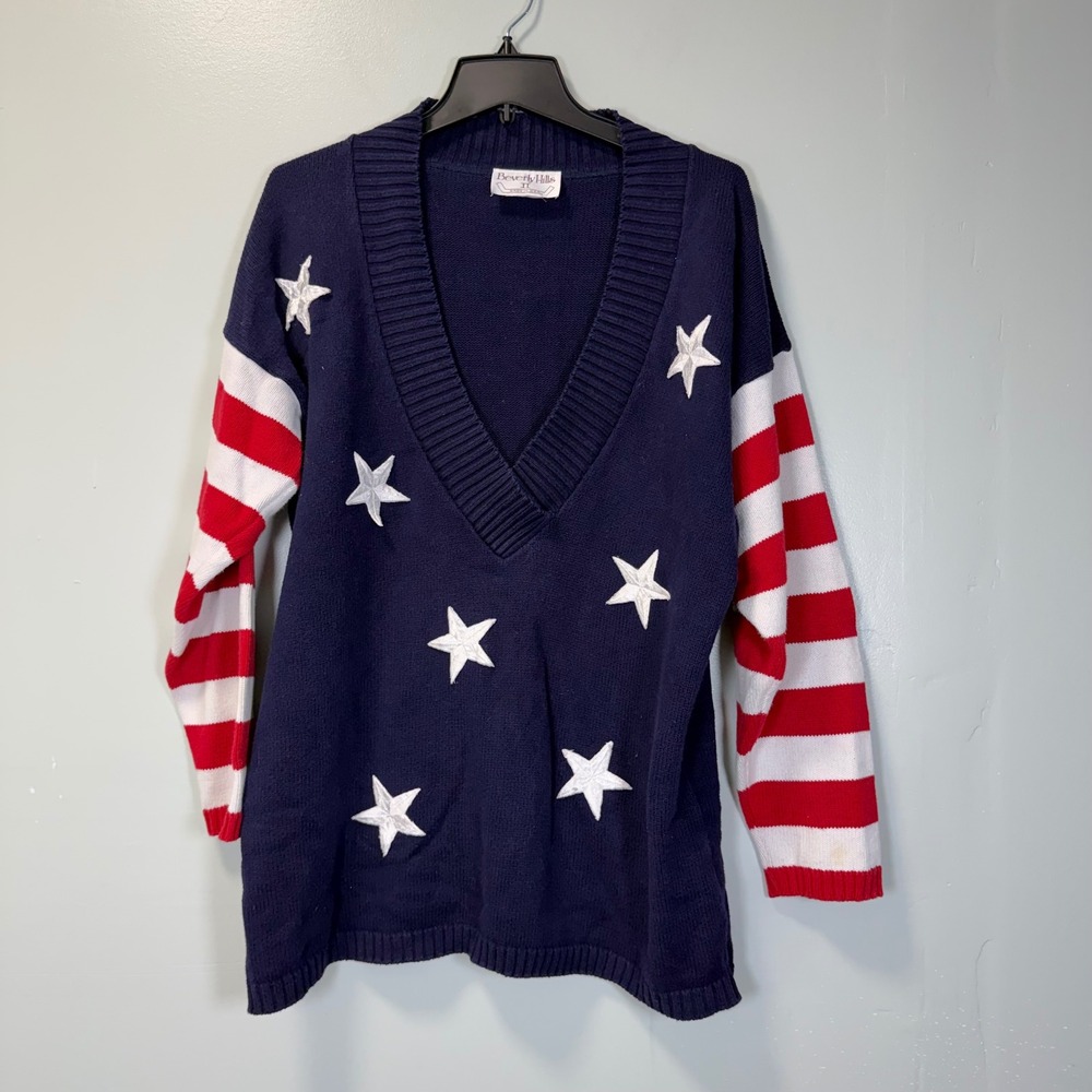 Beverly Hills II‎ Vintage Stars and Stripes Patriotic Cotton V-Neck Sweater M